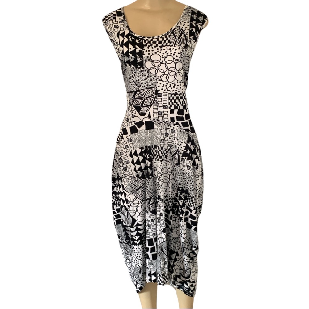 NWT Orientique Australian Drop Waist Geometric Black White Midi Dress PLUS 2X